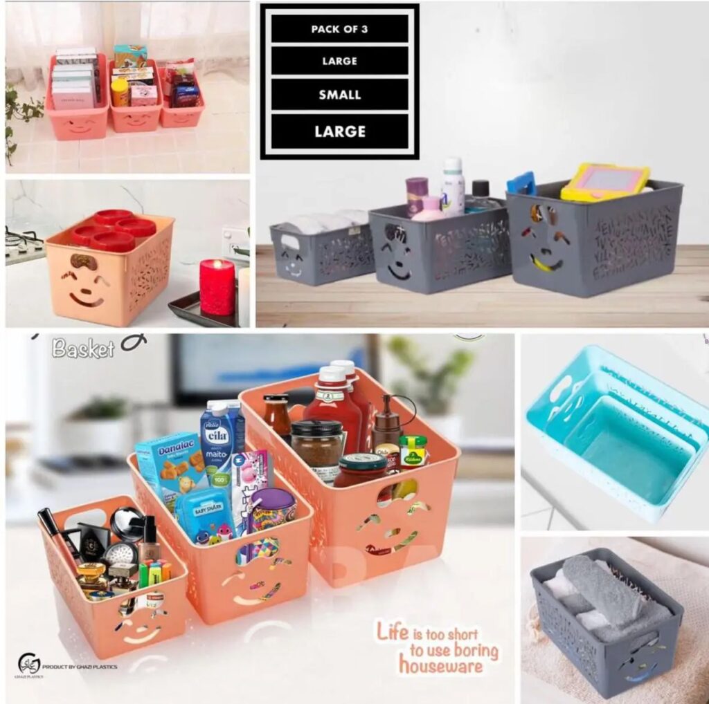 Smile Multipurpose Storage Basket Set (Pack of 3) | Plastic Organizer Baskets for Kitchen, Bathroom, Office & Home
