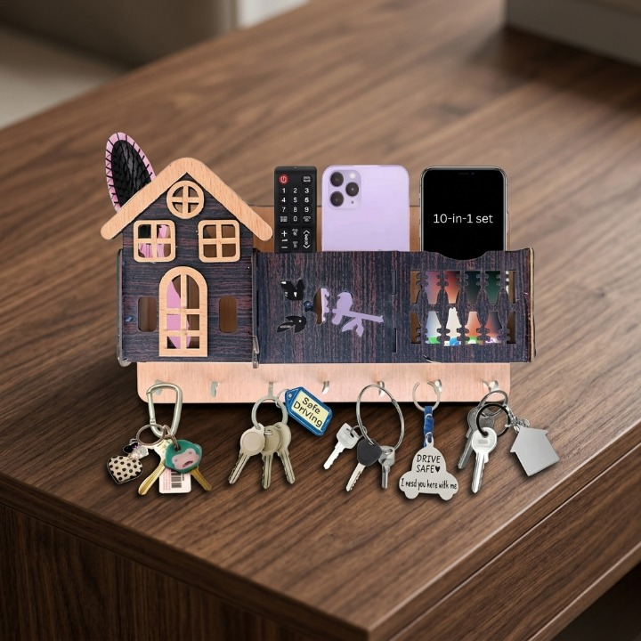 Decorative Wooden House Key Holder – Wall Mounted Key Organizer with 6 Hooks & Marble Finish Design - Image 3